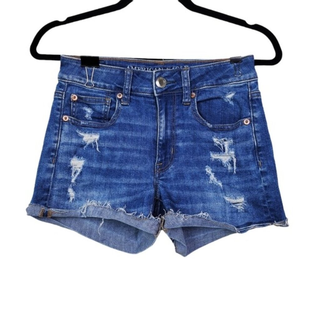 American Eagle Womens Blue Hi-Rise Shortie Distressed Denim Jean Shorts Size 2